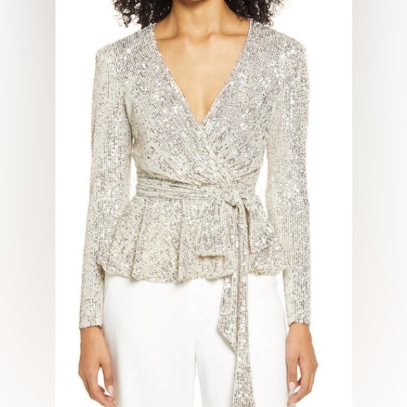 NEW Eliza J Red Sequin Top Long Sleeve Stretch V-Neck Tie Waist Faux Wrap Size 4 - Picture 4 of 5